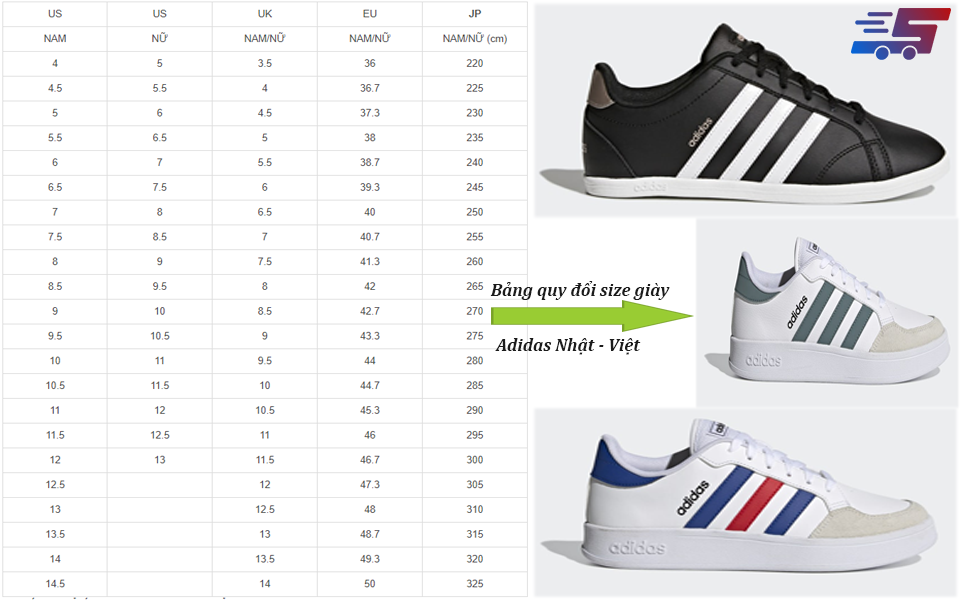 Bảng quy đổi size giày Adidas Nhật Bản